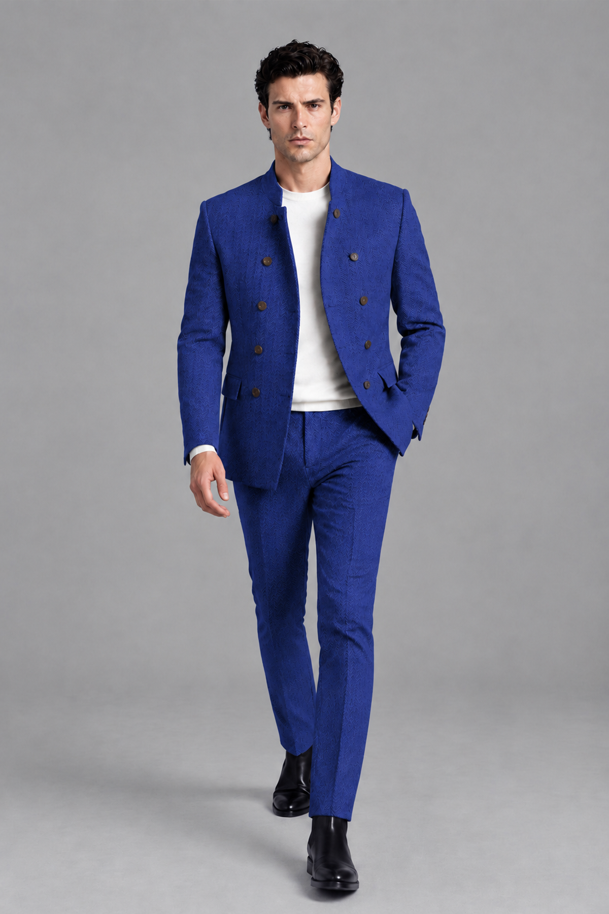 Savile Men's Royal Blue Stand Collar Double Breasted Slim Fit 2-Piece Suit Set – Jacket & Trousers | Wedding Gala Formal - Royal_Blue