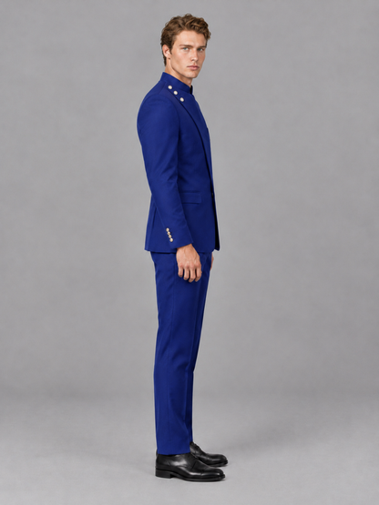 Savile Men's Royal Blue Mandarin Collar Asymmetrical 2-Piece Suit Set – Modern Jacket & Trousers - Royal Blue - Royal Blue_5