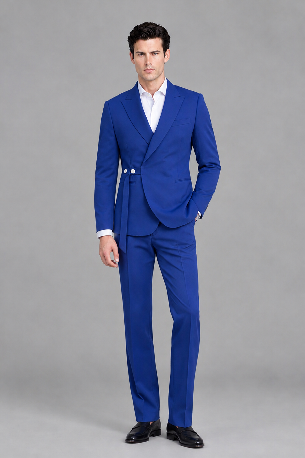Savile Men's Modern Royal Blue 2-Piece Wrap Suit Set – Peak Lapel Side-Button Blazer & Tailored Trousers - Royal Blue - Royal_Blue_5