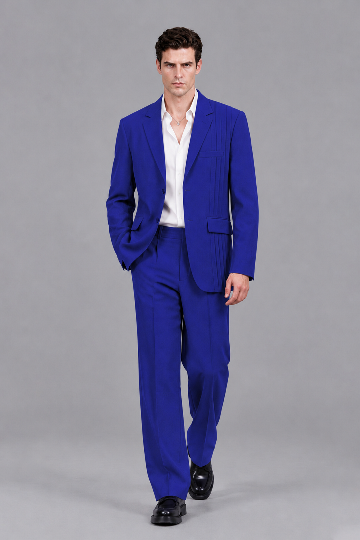 Savile Men's Royal Blue Pleated 2-Piece Suit Set | Notch Lapel Blazer & Tailored Trousers - Royal Blue - Royal Blue_5