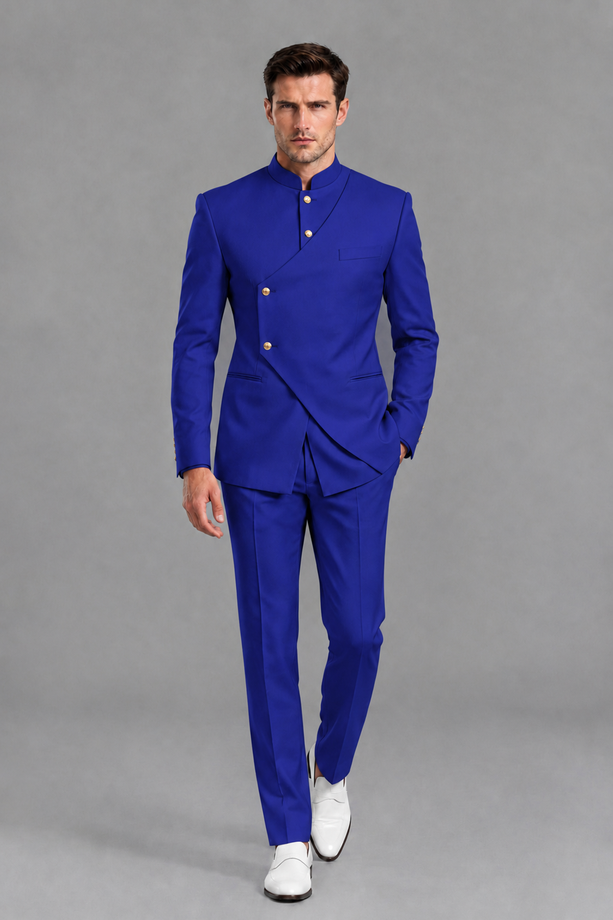 Savile Men's Royal Blue Asymmetrical Mandarin Collar Tuxedo Suit – Modern 2-Piece Gold Button Wedding, Prom & Gala Set - Royal Blue - Royal Blue_5