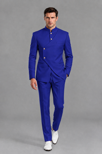 Savile Men's Royal Blue Asymmetrical Mandarin Collar Tuxedo Suit – Modern 2-Piece Gold Button Wedding, Prom & Gala Set - Royal Blue - Royal Blue_5