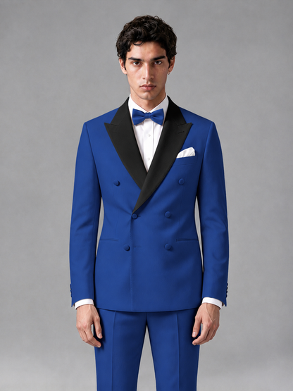 Men's Royal Blue Double-Breasted Satin Peak Lapel Tuxedo Suit Set (Jacket + Trousers) - Royal Blue