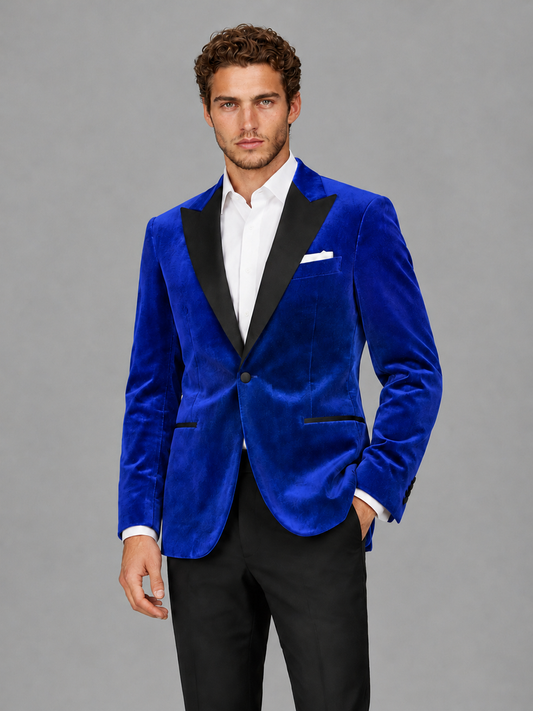 Savile Men's Royal Blue Velvet Peak Lapel 2-Piece Tuxedo Suit Set | Jacket & Trousers - Royal Blue