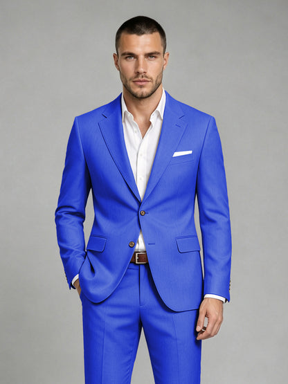 Savile Men's Dark Royal Blue Wool-Blend 2-Piece Suit Set – Two-Button Notch Lapel Slim-Fit Blazer & Turn-Up Trousers - Royal Blue