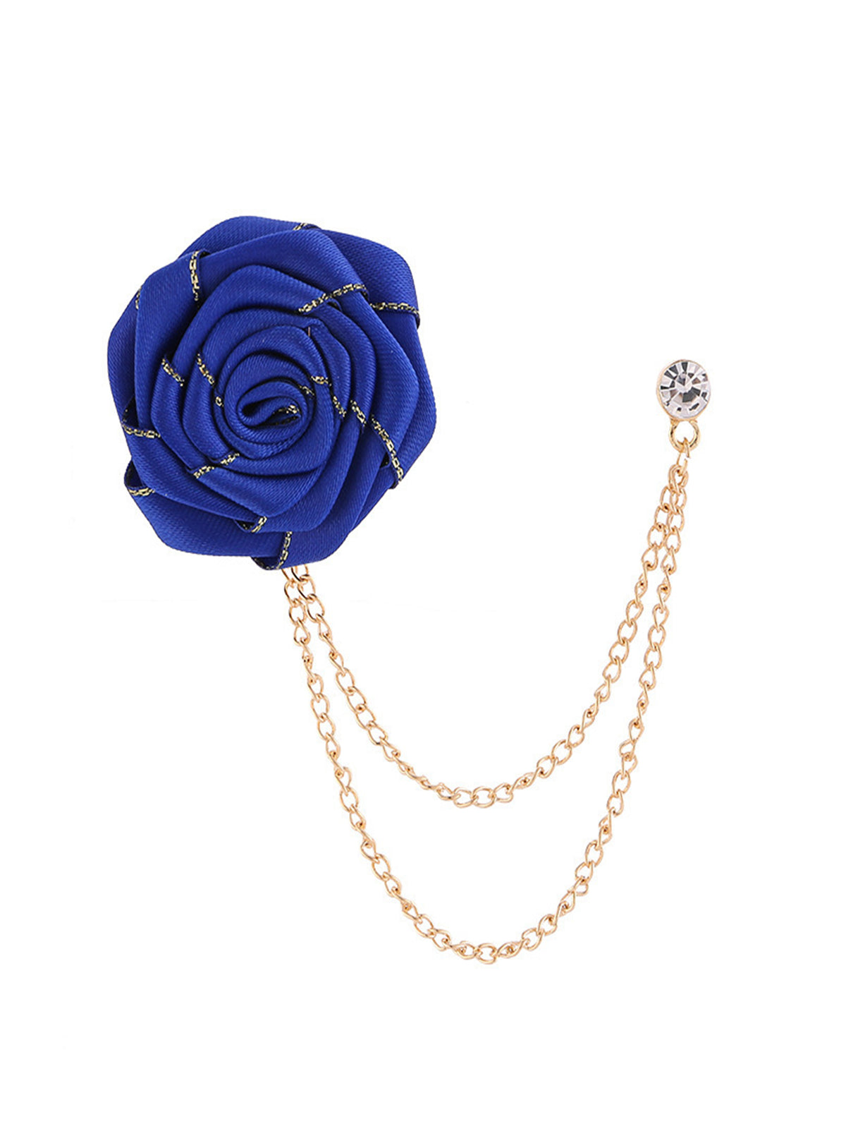 Savile Men's Royal Blue Fabric Rose Lapel Pin with Gold Hanging Chains | Formal Crystal Boutonniere Tuxedo Brooch - Royal Blue