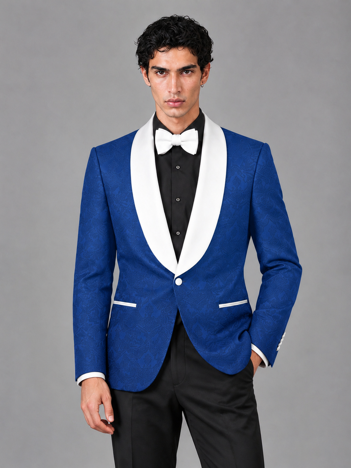 Savile Men's Royal Blue Jacquard White Shawl Lapel 2-Piece Tuxedo Suit Set | Jacket & Trousers - Royal Blue - Royal Blue (1)
