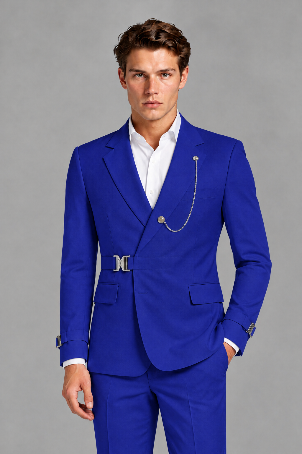 Savile Men's Royal Blue Buckle-Closure 2-Piece Suit Set | Peak Lapel Blazer & Trousers - Royal Blue
