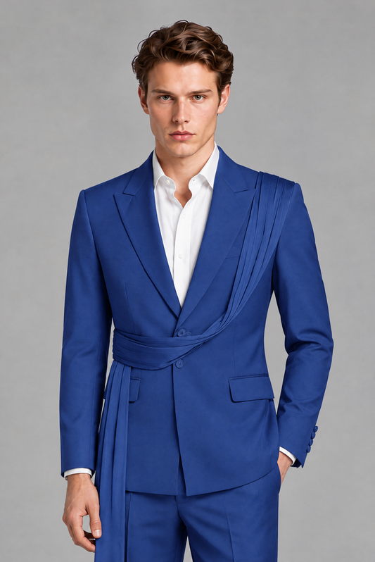 Men's Royal Blue Draped Sash Suit – Peak Lapel 2-Piece Slim Fit Party, Gala & Wedding Set - Royal Blue