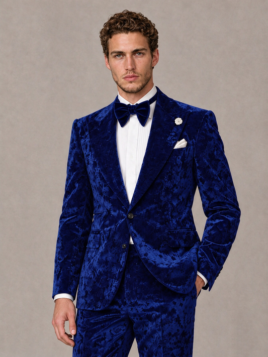 Savile Men's Royal Blue Crushed Velvet Peak Lapel 2-Piece Suit Set | Jacket & Trousers - Royal Blue - Royal Blue (1)