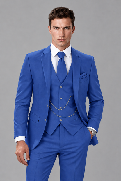 Savile Royal Blue 3-Piece Suit with Notch Lapel & Chain Vest - Royal Blue