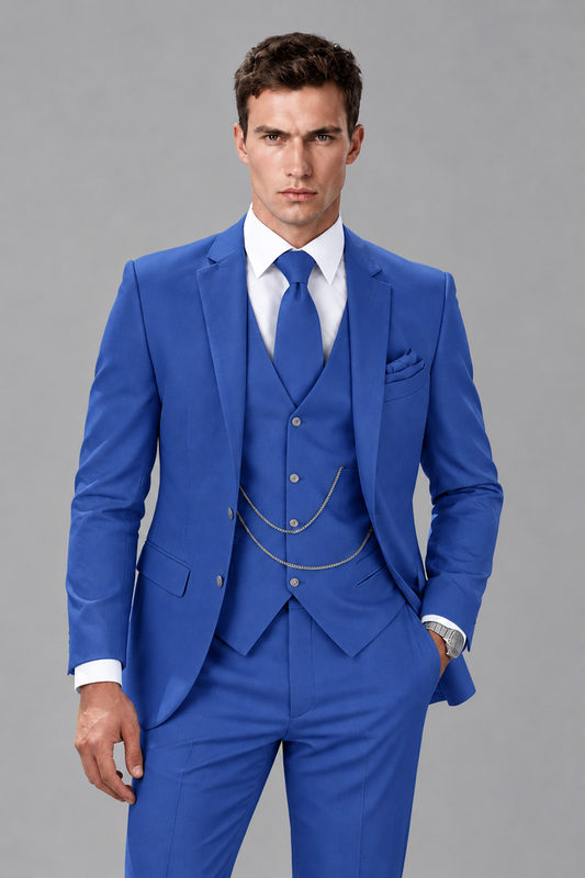 Savile Royal Blue 3-Piece Suit with Notch Lapel & Chain Vest - Royal Blue