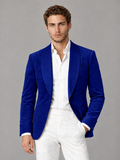 Savile Men's Royal Blue Velvet Shawl Lapel 2-Piece Tuxedo Suit Set | Jacket & White Trousers - Royal Blue - Royal Blue (1)