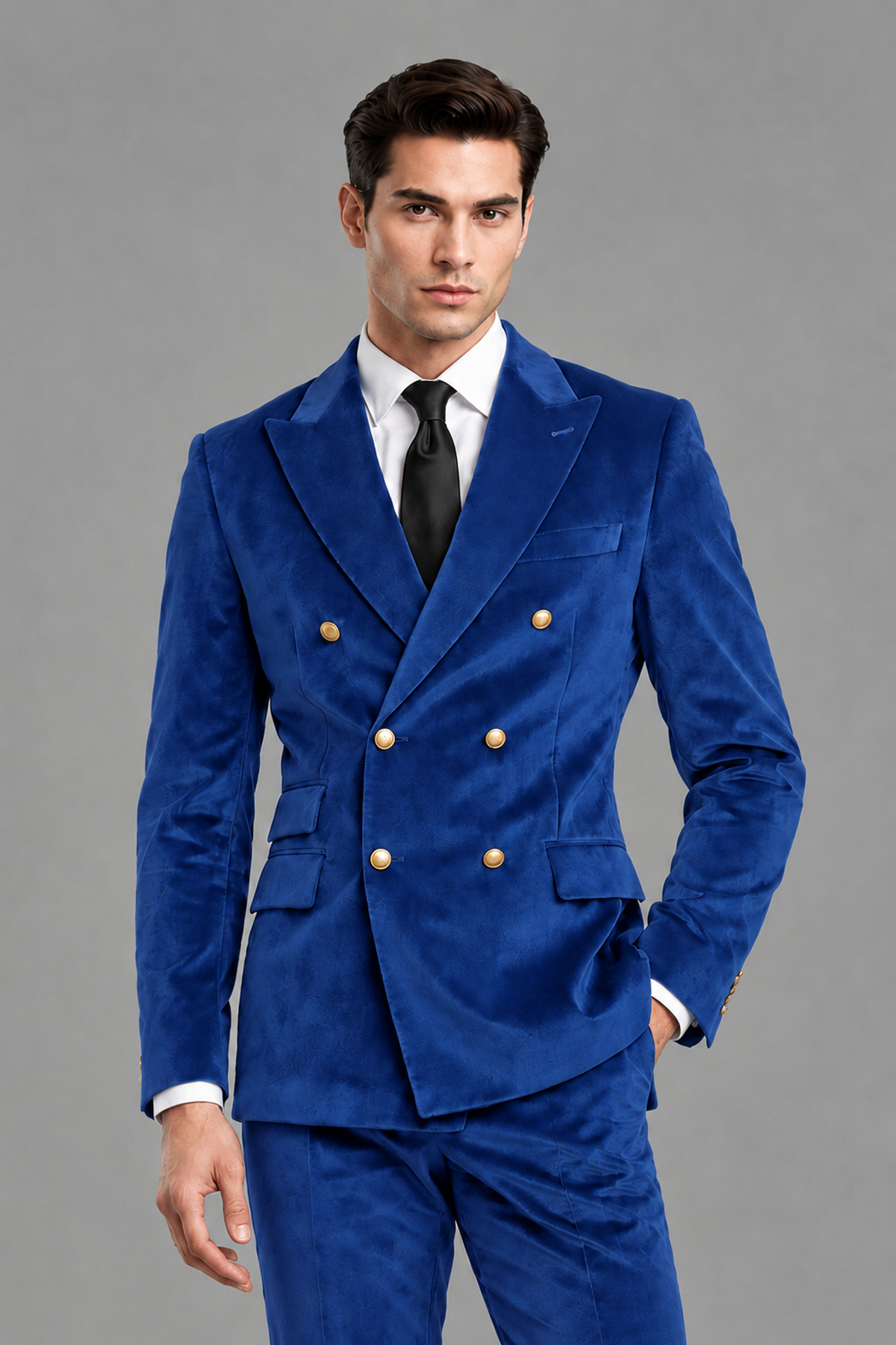Savile Men's Royal Blue Velvet Double-Breasted 2-Piece Suit Set | Peak Lapel Blazer & Trousers - Royal Blue