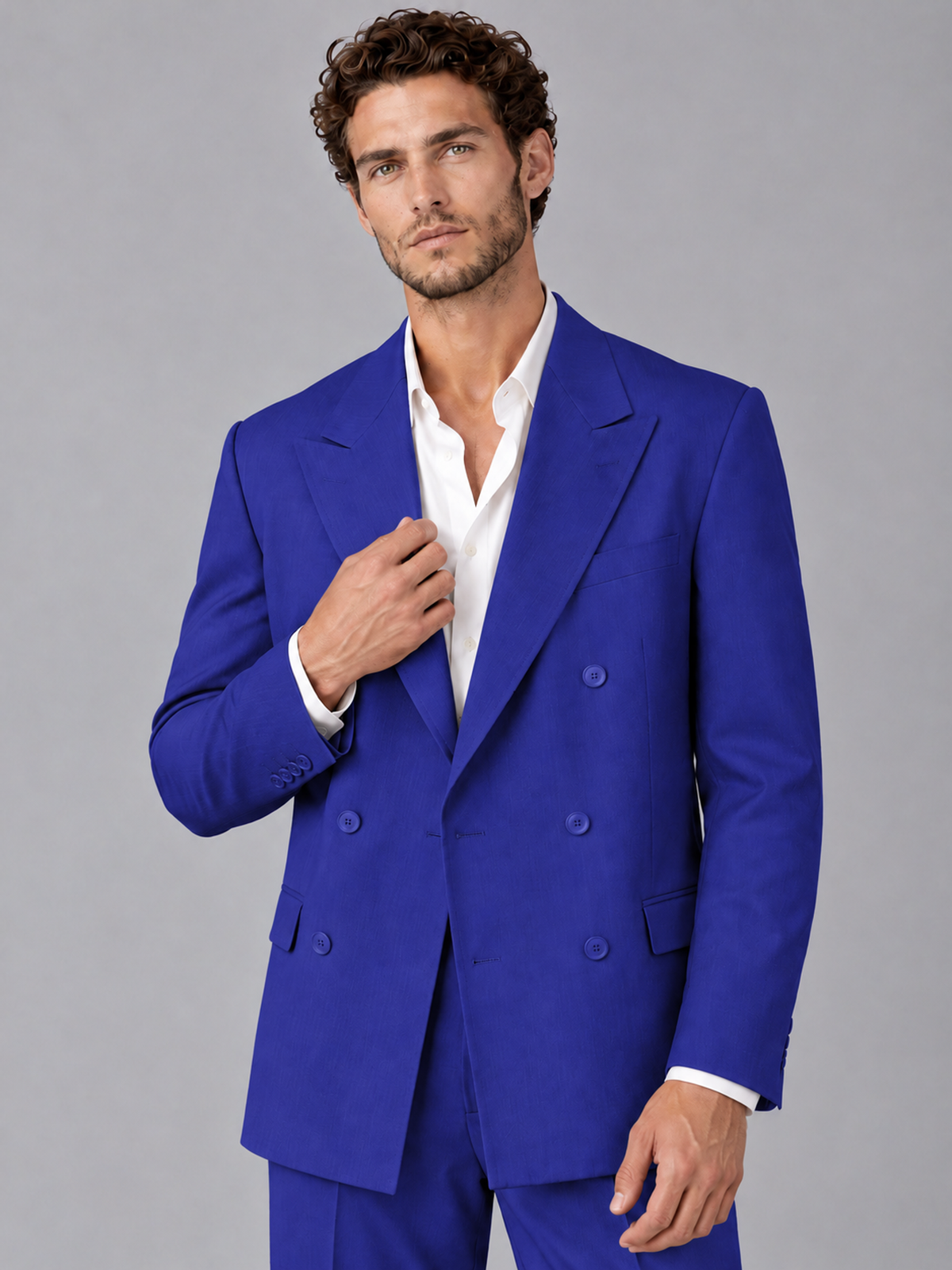 Savile Royal Blue Beige Double-Breasted 2-Piece Suit with Peak Lapel - Royal Blue