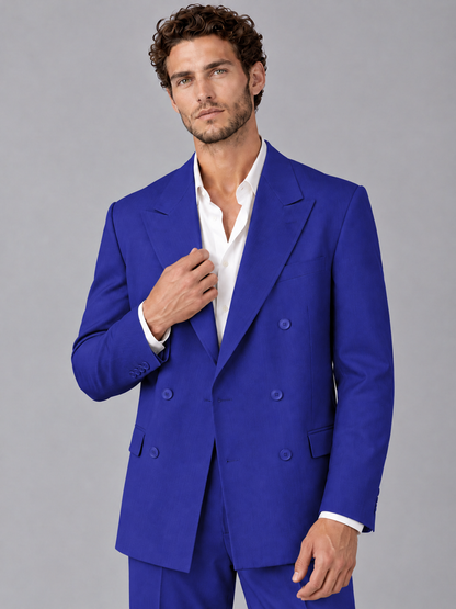 Savile Royal Blue Beige Double-Breasted 2-Piece Suit with Peak Lapel - Royal Blue