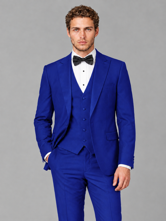 Savile Men's Royal Blue Peak Lapel 3-Piece Tuxedo Suit | Jacket, Vest & Trousers - Royal Blue