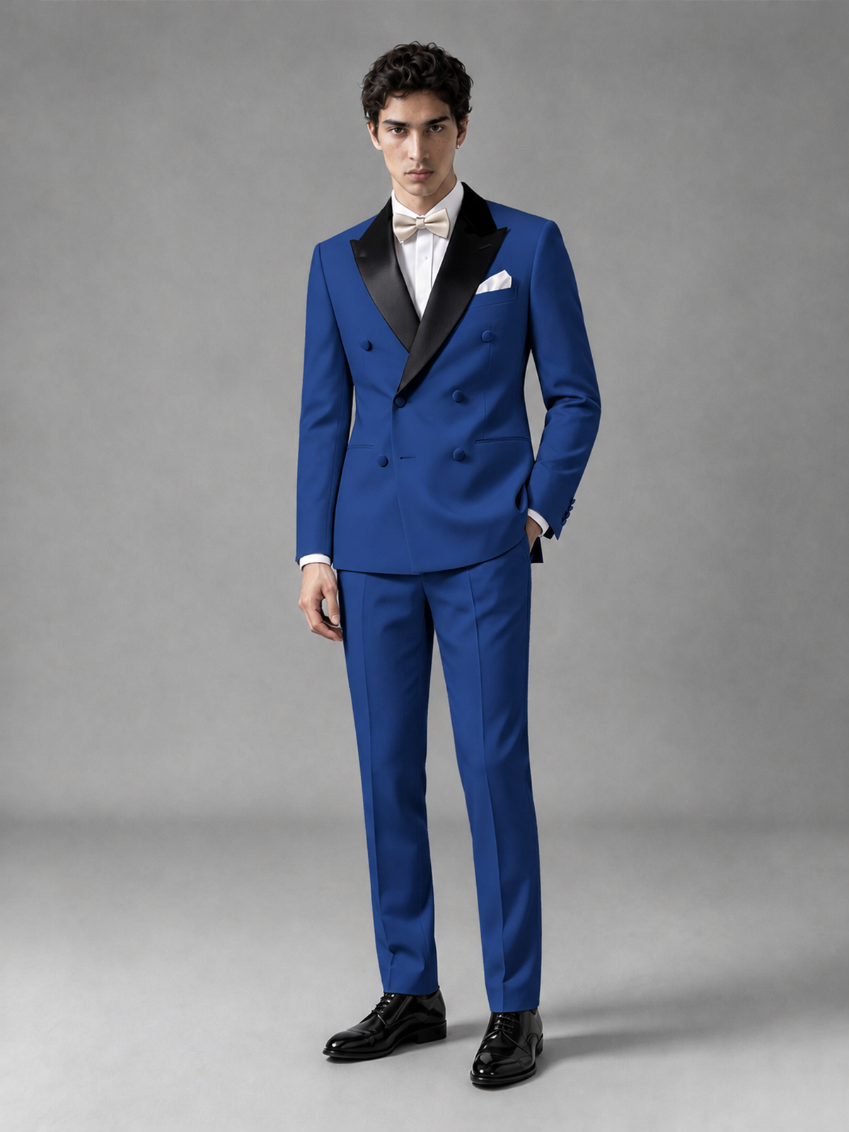 Men's Royal Blue Double-Breasted Satin Peak Lapel Tuxedo Suit Set (Jacket + Trousers) - Royal Blue