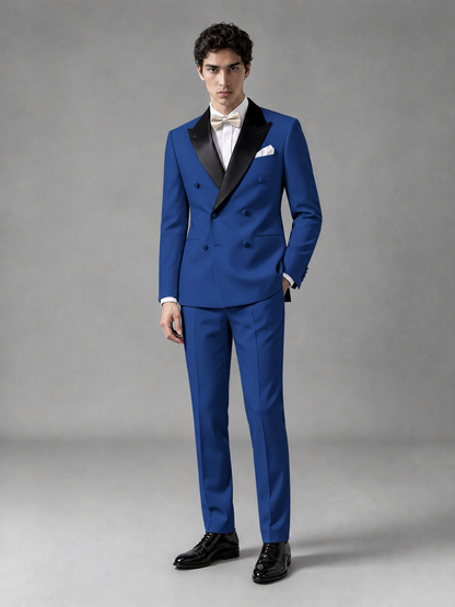 Men's Royal Blue Double-Breasted Satin Peak Lapel Tuxedo Suit Set (Jacket + Trousers) - Royal Blue
