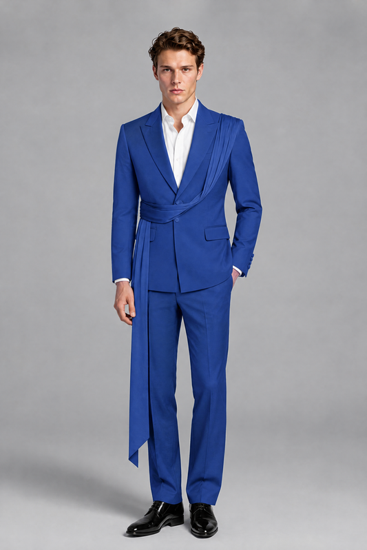 Men's Royal Blue Draped Sash Suit – Peak Lapel 2-Piece Slim Fit Party, Gala & Wedding Set - Royal Blue