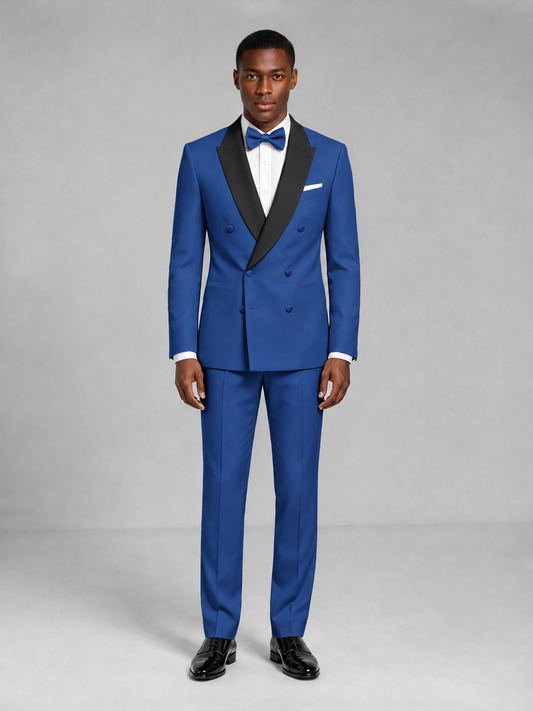 Men's Royal Blue Double-Breasted Tuxedo Suit – Satin Shawl Lapel Royal Blue-Tie Wedding & Gala 2-Piece Set - Royal Blue