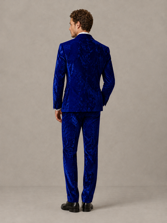 Savile Men's Royal Blue Crushed Velvet Peak Lapel 2-Piece Suit Set | Jacket & Trousers - Royal Blue - Royal Blue (2)