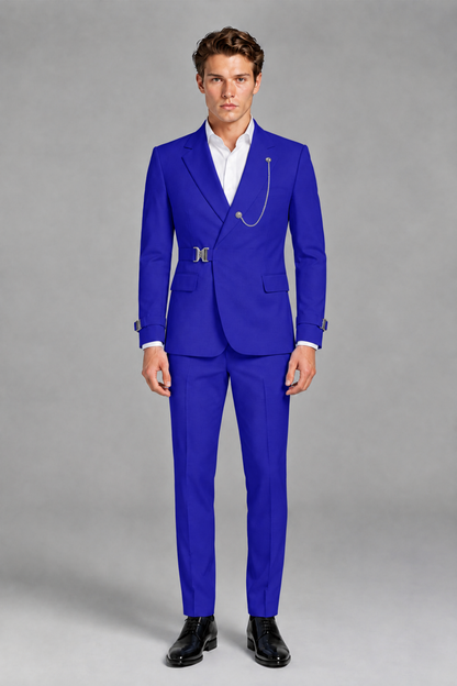 Savile Men's Royal Blue Buckle-Closure 2-Piece Suit Set | Peak Lapel Blazer & Trousers - Royal Blue