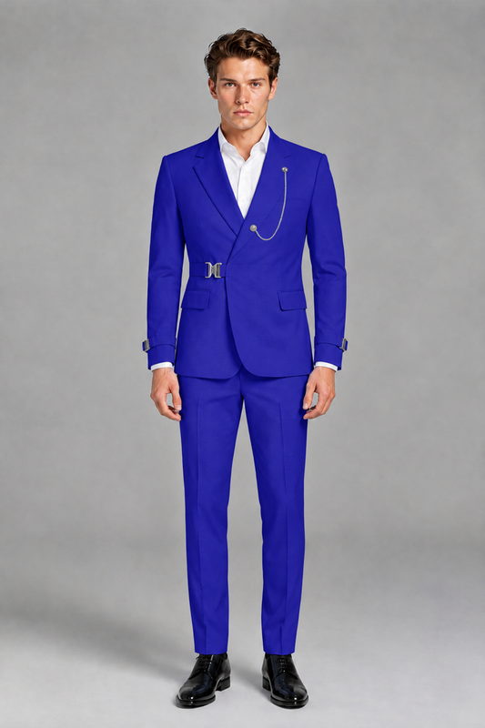 Savile Men's Royal Blue Buckle-Closure 2-Piece Suit Set | Peak Lapel Blazer & Trousers - Royal Blue