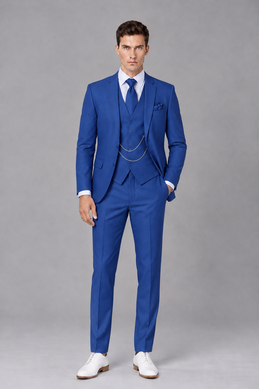 Savile Royal Blue 3-Piece Suit with Notch Lapel & Chain Vest - Royal Blue