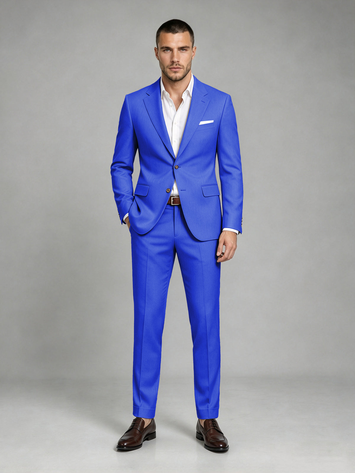 Savile Men's Dark Royal Blue Wool-Blend 2-Piece Suit Set – Two-Button Notch Lapel Slim-Fit Blazer & Turn-Up Trousers - Royal Blue