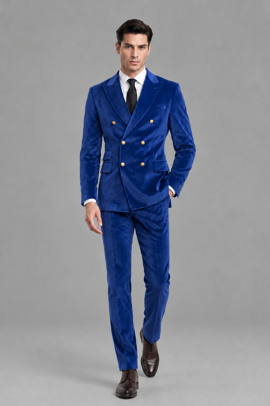 Savile Men's Royal Blue Velvet Double-Breasted 2-Piece Suit Set | Peak Lapel Blazer & Trousers - Royal Blue