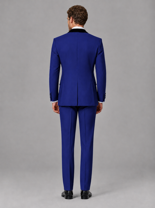 Savile Men's Royal Blue Velvet Shawl Lapel Tuxedo Suit – Modern Side-Buckle Dinner Jacket & Trousers 2-Piece Set - Royal Blue