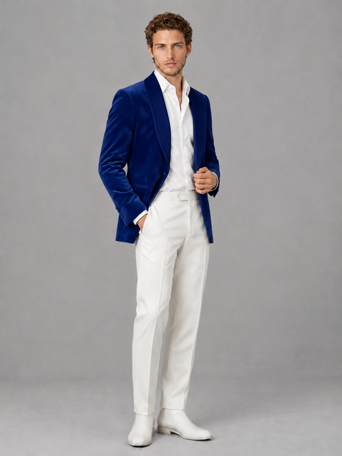 Savile Men's Royal Blue Velvet Shawl Lapel 2-Piece Tuxedo Suit Set | Jacket & White Trousers - Royal Blue - Royal Blue (3)