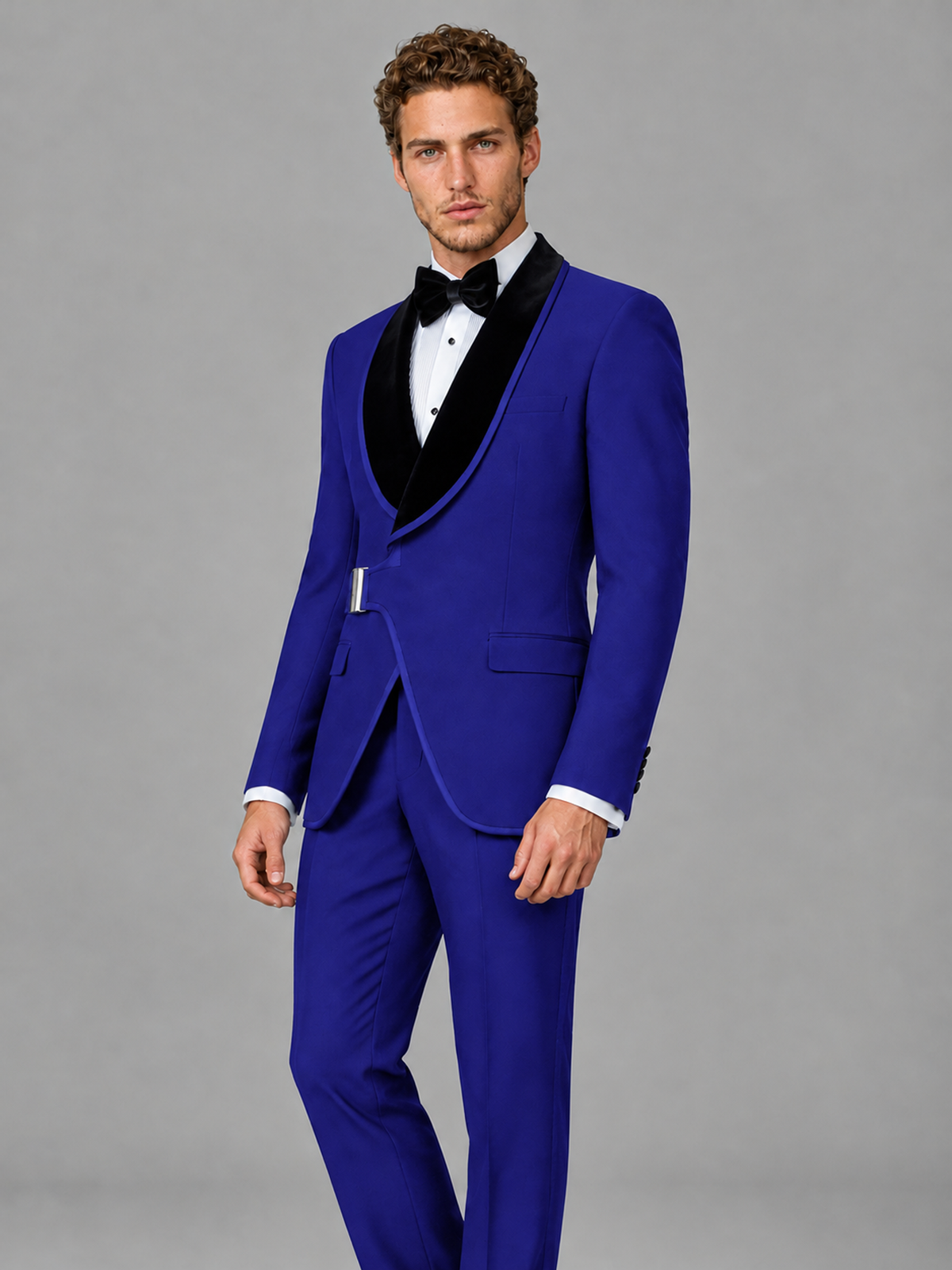 Savile Men's Royal Blue Velvet Shawl Lapel Tuxedo Suit – Modern Side-Buckle Dinner Jacket & Trousers 2-Piece Set - Royal Blue