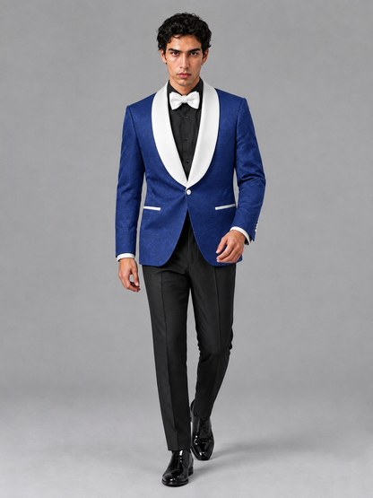 Savile Men's Royal Blue Jacquard White Shawl Lapel 2-Piece Tuxedo Suit Set | Jacket & Trousers - Royal Blue - Royal Blue (3)