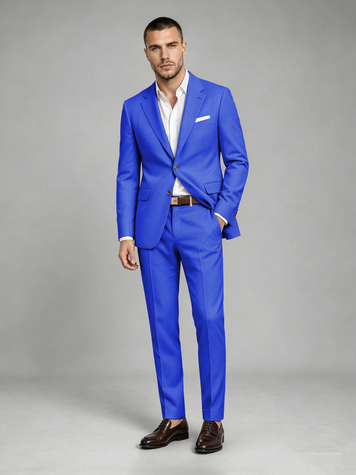 Savile Men's Dark Royal Blue Wool-Blend 2-Piece Suit Set – Two-Button Notch Lapel Slim-Fit Blazer & Turn-Up Trousers - Royal Blue