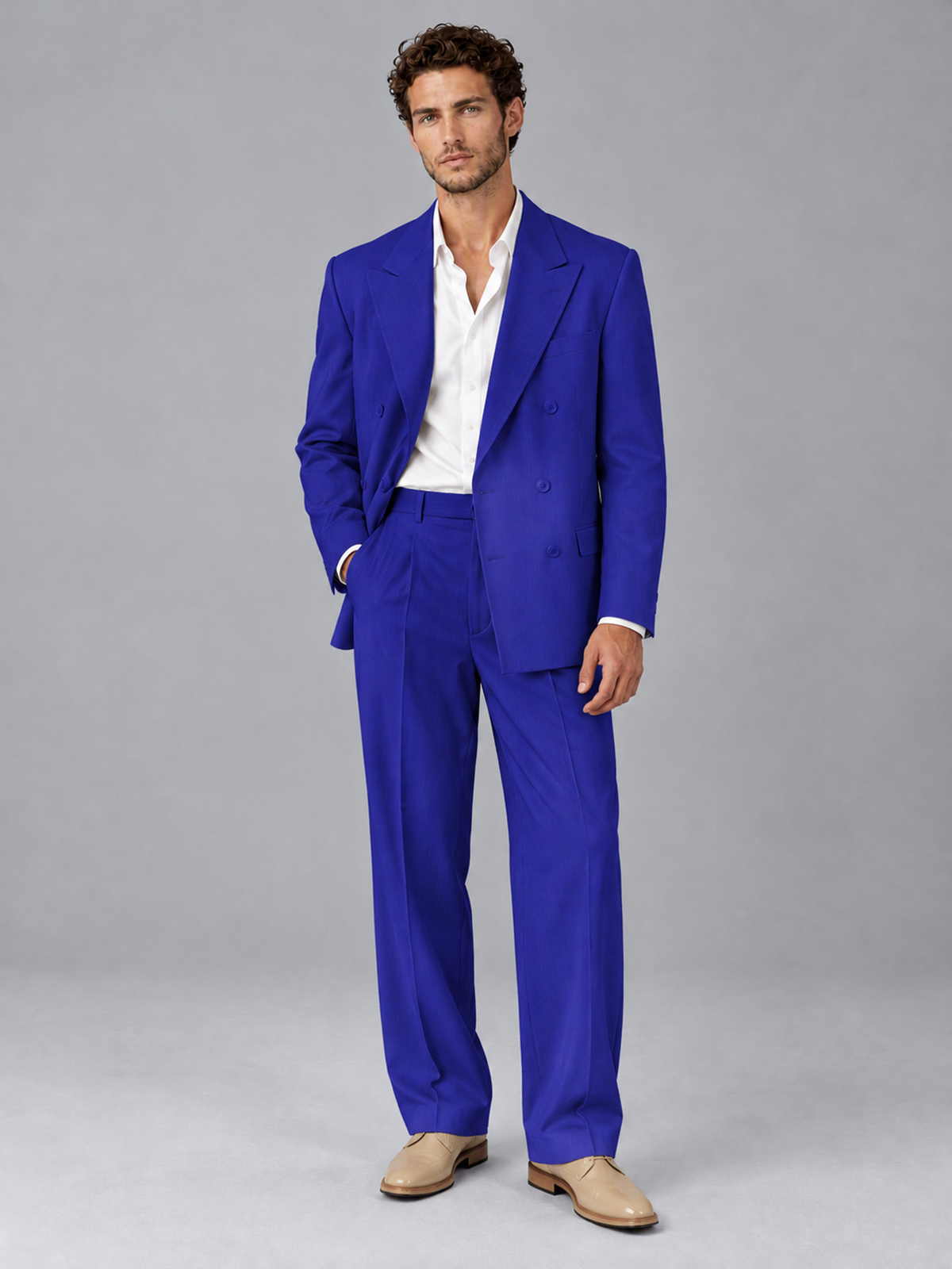 Savile Royal Blue Beige Double-Breasted 2-Piece Suit with Peak Lapel - Royal Blue