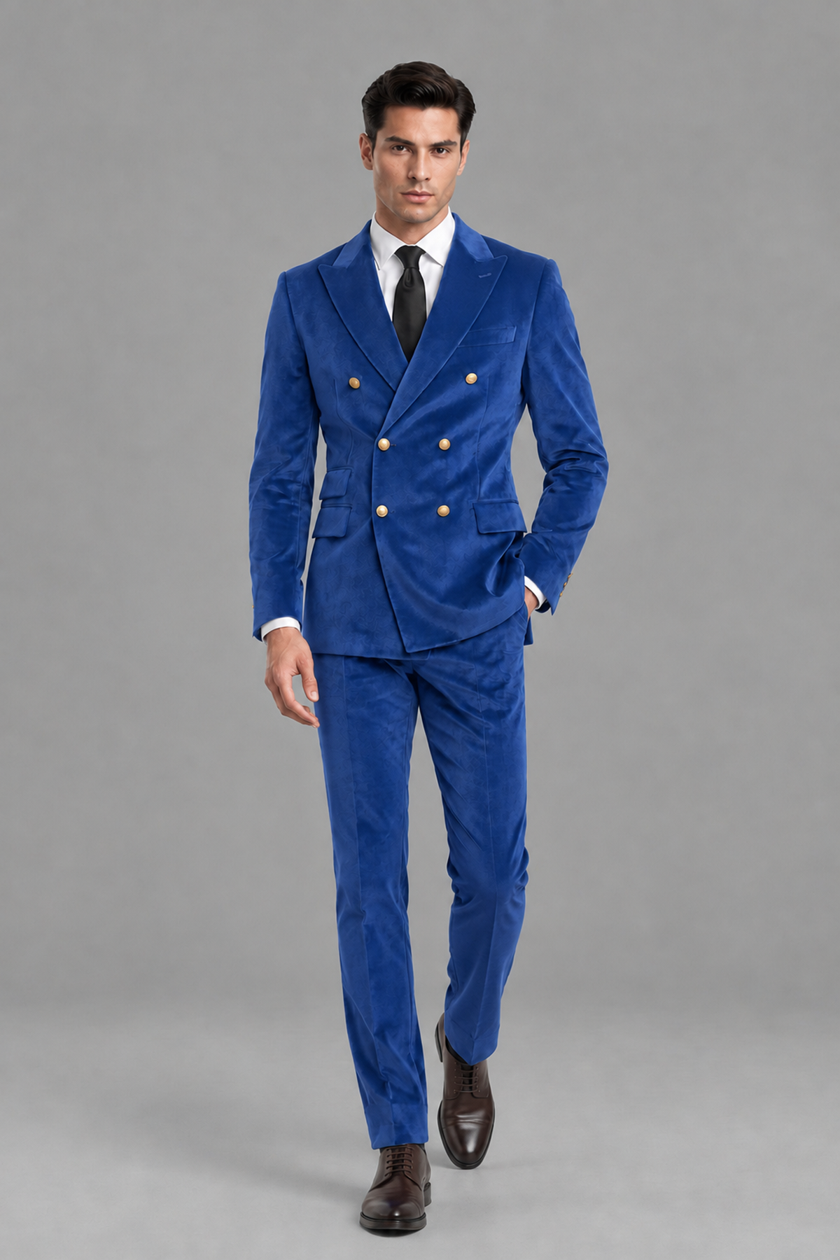 Savile Men's Royal Blue Velvet Double-Breasted 2-Piece Suit Set | Peak Lapel Blazer & Trousers - Royal Blue
