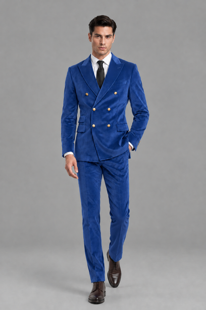 Savile Men's Royal Blue Velvet Double-Breasted 2-Piece Suit Set | Peak Lapel Blazer & Trousers - Royal Blue