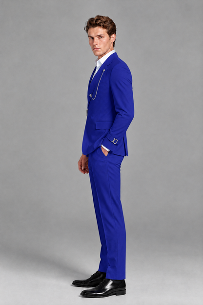 Savile Men's Royal Blue Buckle-Closure 2-Piece Suit Set | Peak Lapel Blazer & Trousers - Royal Blue