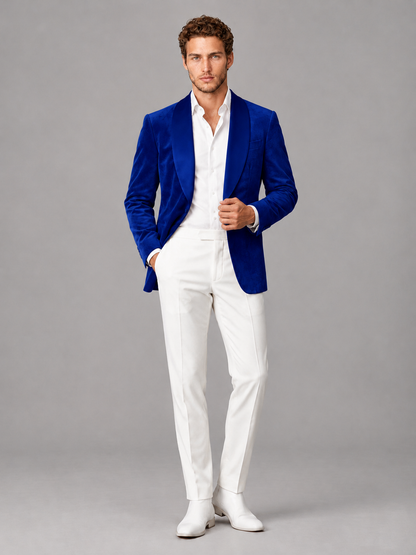 Savile Men's Royal Blue Velvet Shawl Lapel 2-Piece Tuxedo Suit Set | Jacket & White Trousers - Royal Blue - Royal Blue (4)