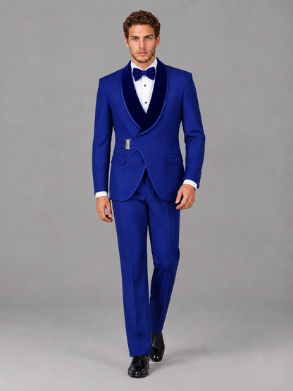 Savile Men's Royal Blue Velvet Shawl Lapel Tuxedo Suit – Modern Side-Buckle Dinner Jacket & Trousers 2-Piece Set - Royal Blue