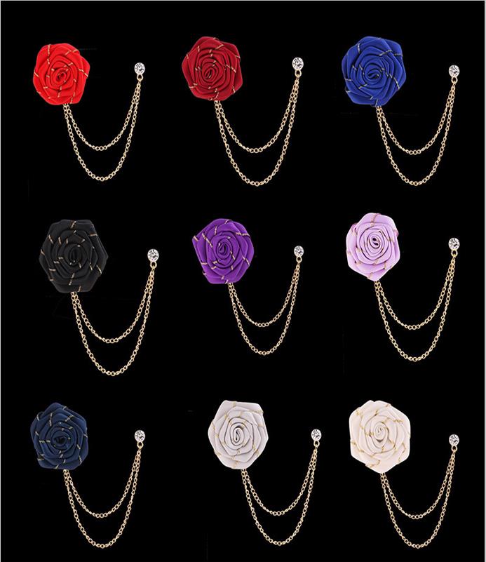 Savile Men's Royal Blue Fabric Rose Lapel Pin with Gold Hanging Chains | Formal Crystal Boutonniere Tuxedo Brooch - Royal Blue