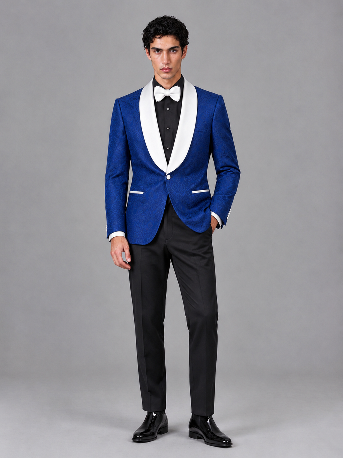 Savile Men's Royal Blue Jacquard White Shawl Lapel 2-Piece Tuxedo Suit Set | Jacket & Trousers - Royal Blue - Royal Blue (4)