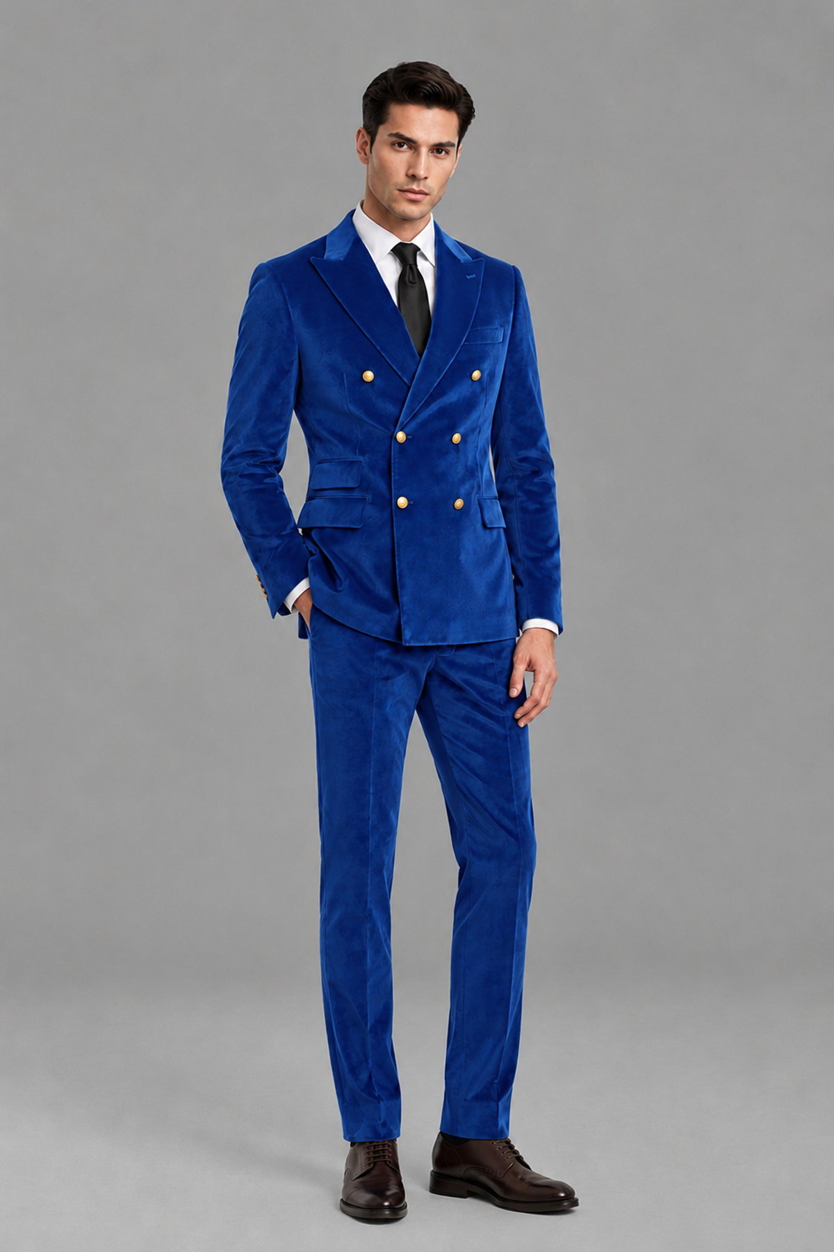 Savile Men's Royal Blue Velvet Double-Breasted 2-Piece Suit Set | Peak Lapel Blazer & Trousers - Royal Blue