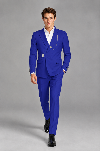 Savile Men's Royal Blue Buckle-Closure 2-Piece Suit Set | Peak Lapel Blazer & Trousers - Royal Blue
