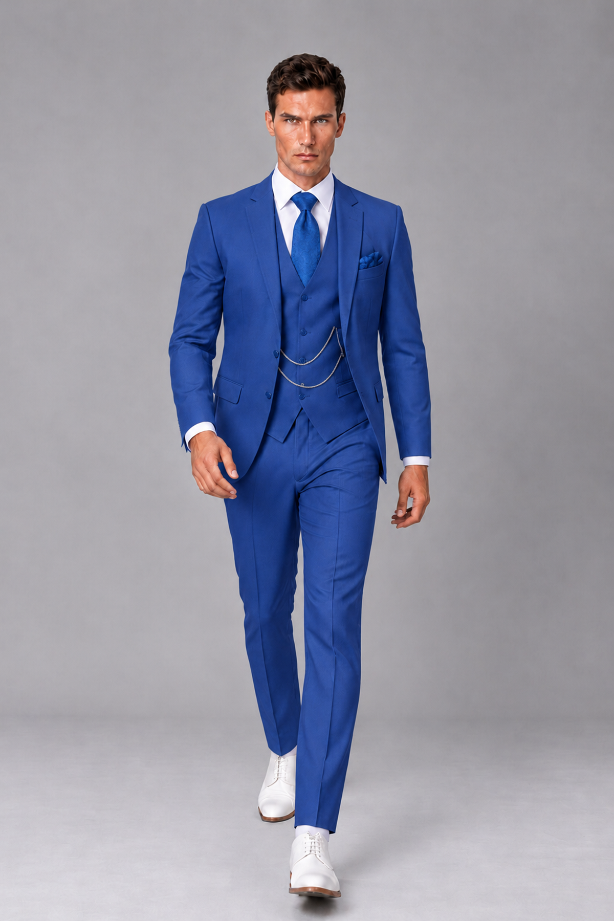 Savile Royal Blue 3-Piece Suit with Notch Lapel & Chain Vest - Royal Blue