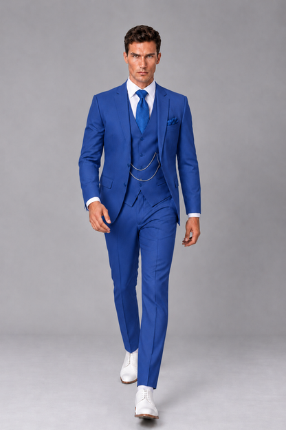 Savile Royal Blue 3-Piece Suit with Notch Lapel & Chain Vest - Royal Blue