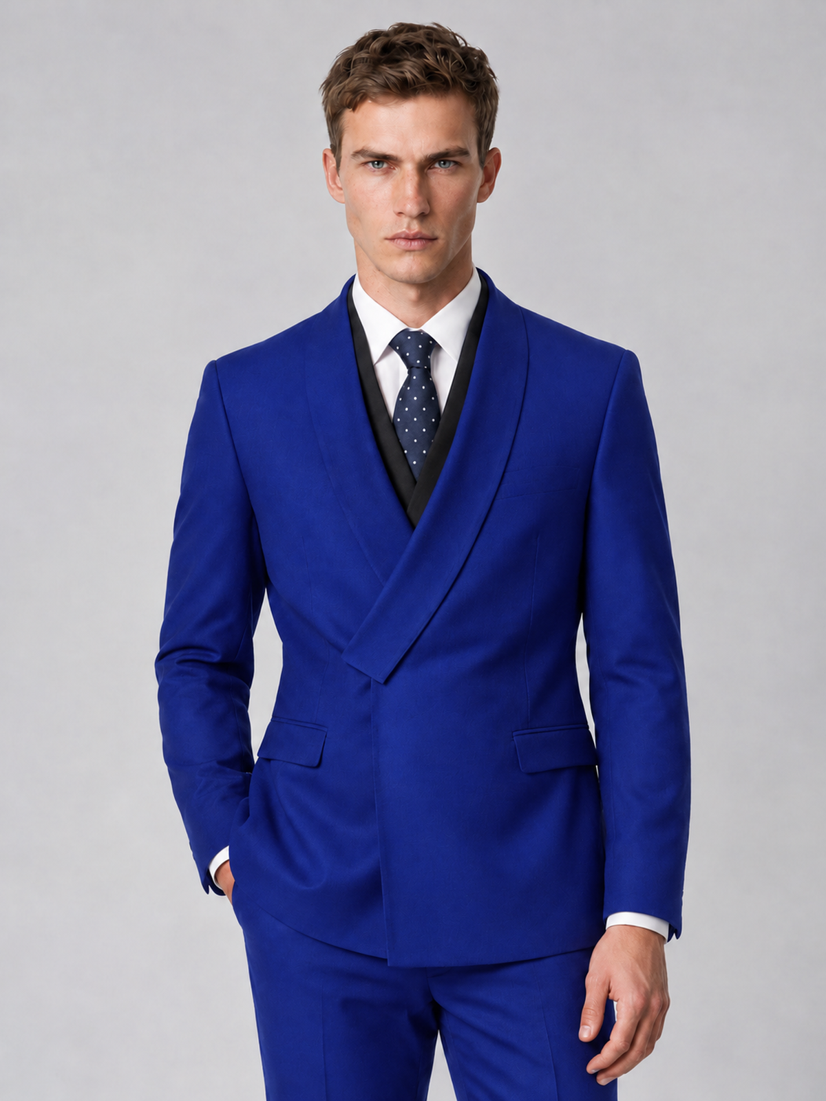 Savile Men's Royal Blue Wrap Shawl Lapel 2-Piece Suit Set – Modern Jacket & Trousers