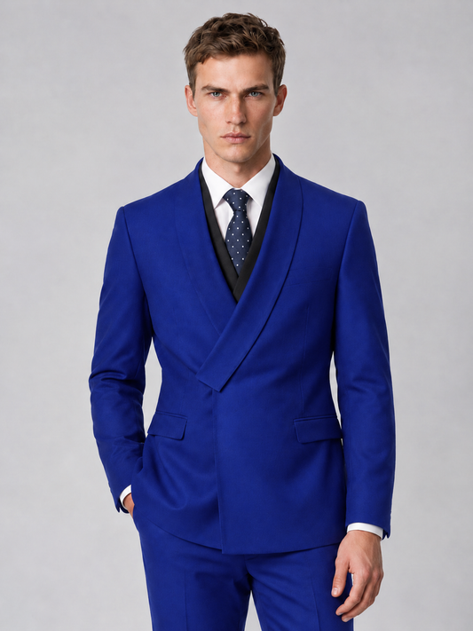 Savile Men's Royal Blue Wrap Shawl Lapel 2-Piece Suit Set – Modern Jacket & Trousers